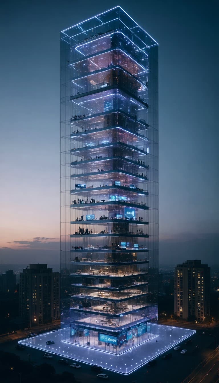 Tarlton Tower at dusk, every floor lit from within